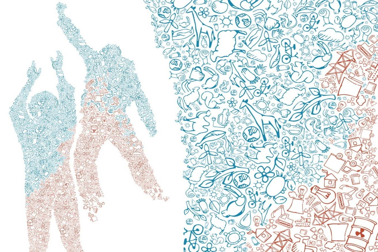 Showcase 2019 promotional art featured composite images of silhouettes made up of small climate-themed drawings